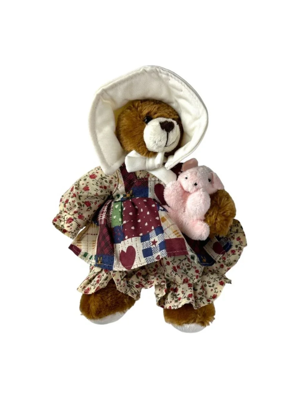 Stuffed Animal Plushland Brown Teddy Bear Dressed In Floral & Patchwork Dress Ho